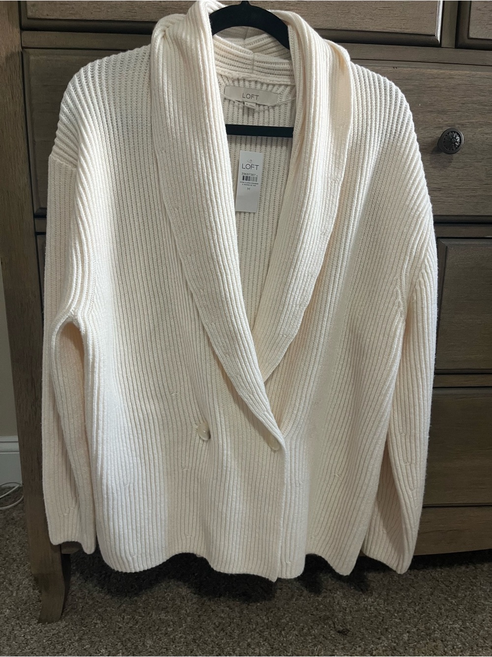 LOFT Ivory Ribbed Shawl-Collar Cardigan
